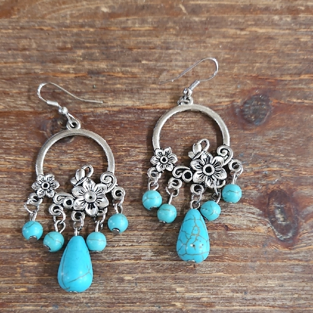 Silvertone Floral Hoop Earrings with Howlite Beads - Chandelier Style Pierced